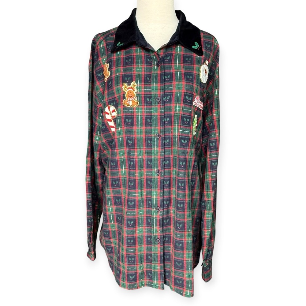 Bobbie Brooks Upcycled Christmas Holly Plaid Green Velvet Collar Long Sleeve XL